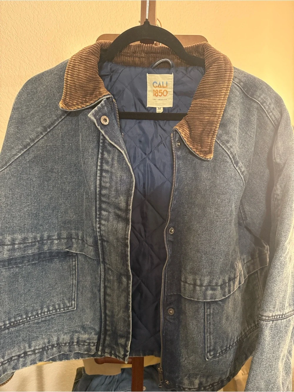 Cali1850 Denim Jacket with Contrast Corduroy Collar - Blue - Picture 4 of 5